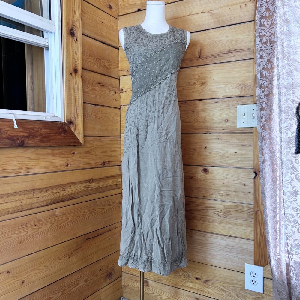 Vintage Maxi Dress Women Large Olive Green Embroidered Beaded 90s Boho Nikky